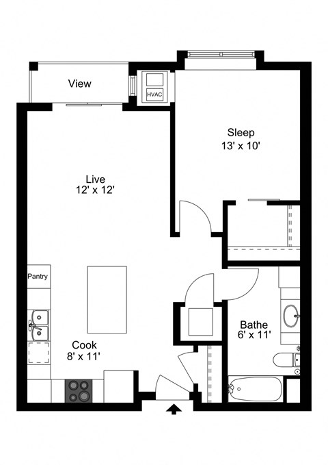 Floor plan for 1 bed, 1 bath, 762 sqft